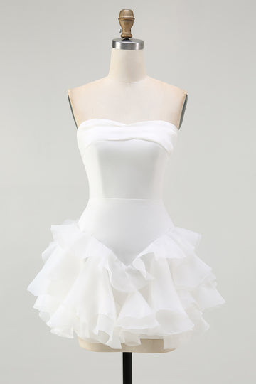 White A-Line Strapless Chiffon Ruffled Short Graduation Dress